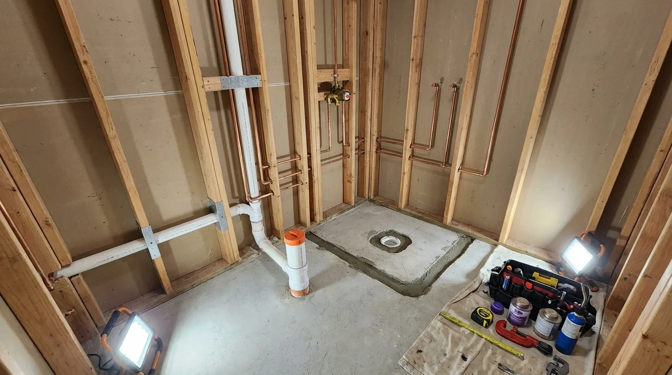 Bathroom rough-in plumbing during remodel by Johns Plumbing LLC in Presque Isle