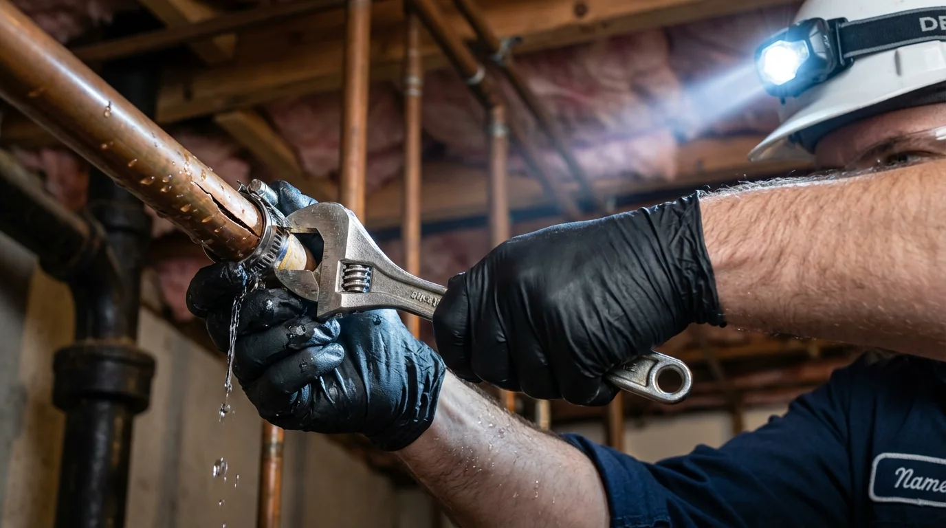 Emergency pipe clamp repair being performed by a Johns Plumbing LLC plumber in Presque Isle