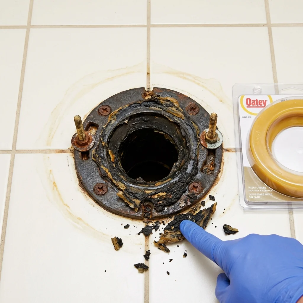 Failed wax ring showing water seepage at the base of a toilet in a Presque Isle, ME home