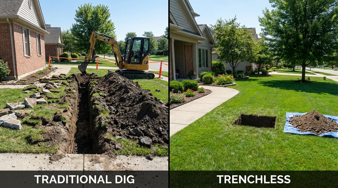 Trenchless sewer repair with minimal yard damage versus traditional excavation in Presque Isle, ME