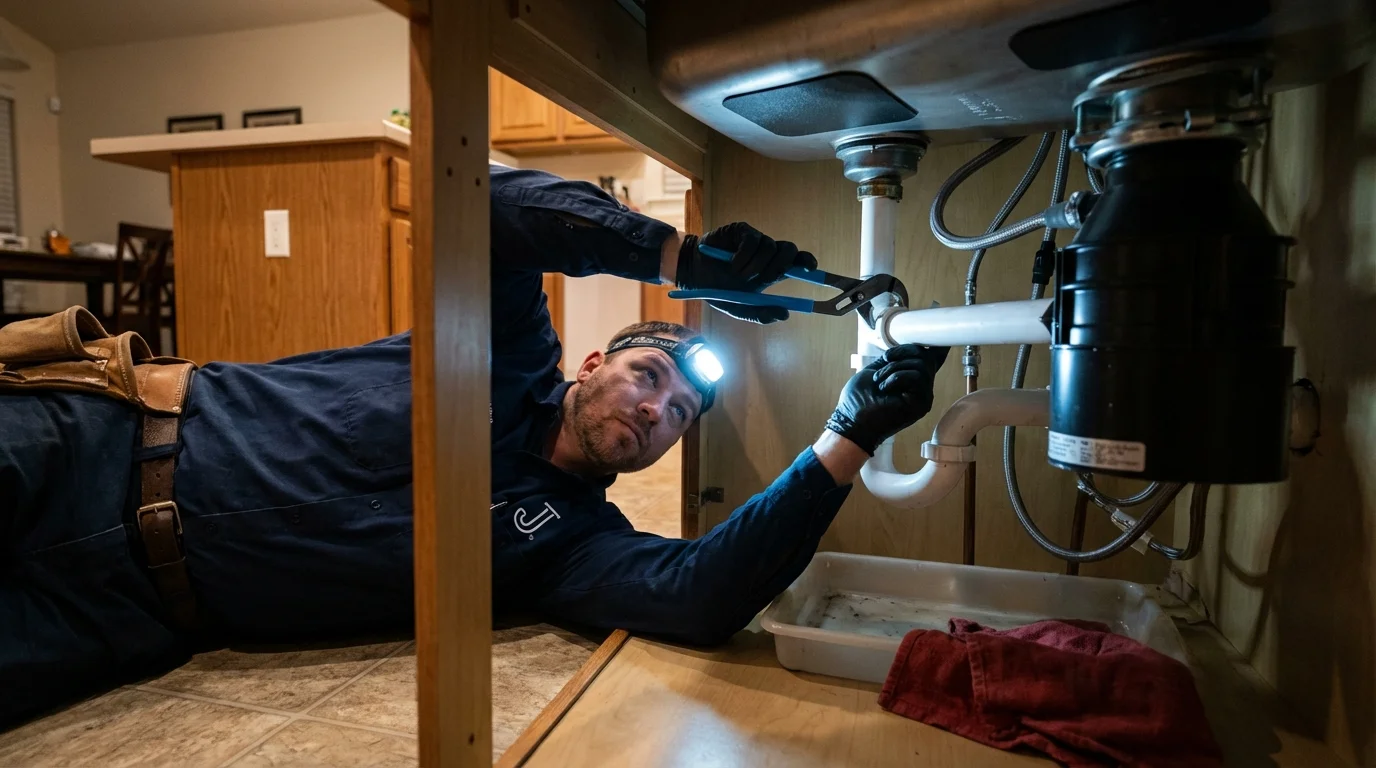P-trap and supply line connections under a kitchen sink showing a common leak point in Presque Isle, ME